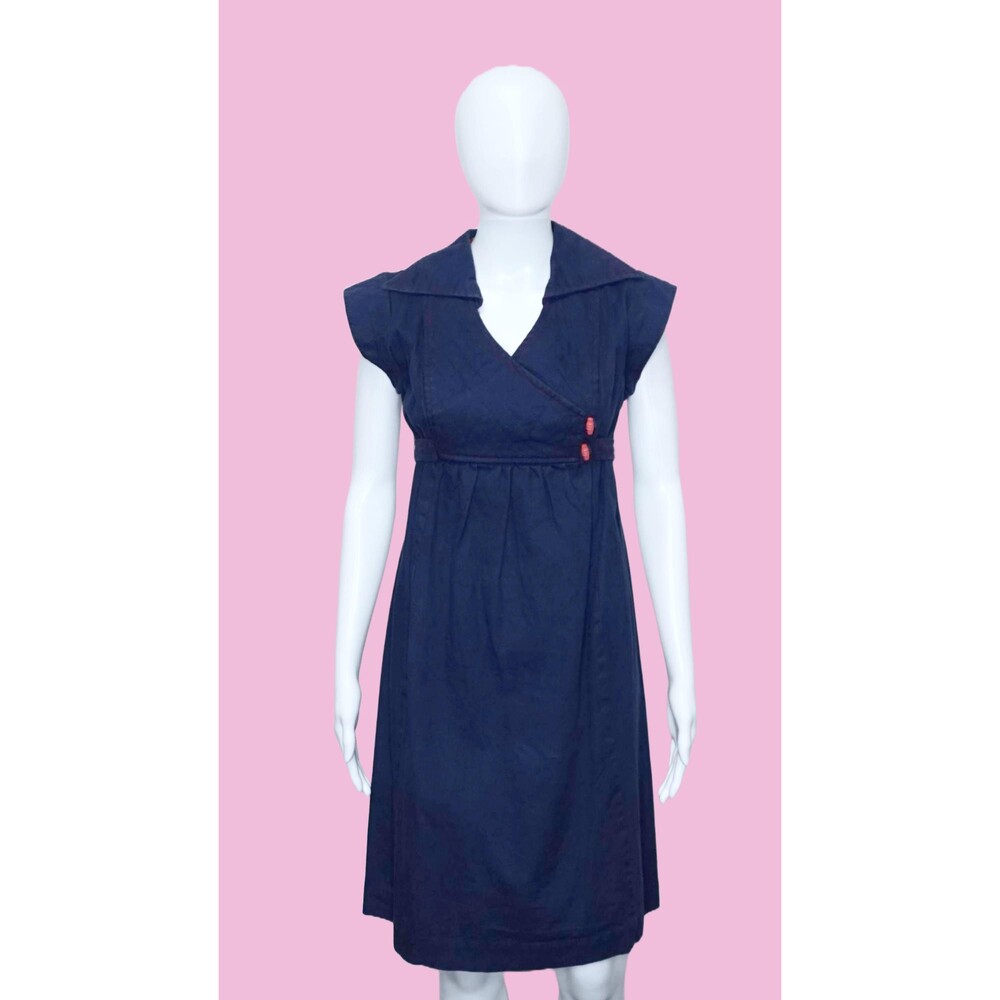 1970s ACT I Quilted Bodice Faux Wrap Dress W/Dagger Collar & Toggle Buttons. XS